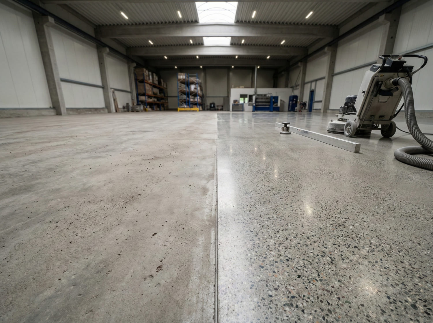 Split-Screen-Ansicht einer Industriehalle während der Bodenbearbeitung - Links matter roher Betonboden - Rechts hochglanzpolierte veredelte Oberfläche mit sichtbarer Gesteinskörnung und Bodenschleifmaschine - Visualisierung der Transformation zum Hochleistungsboden.