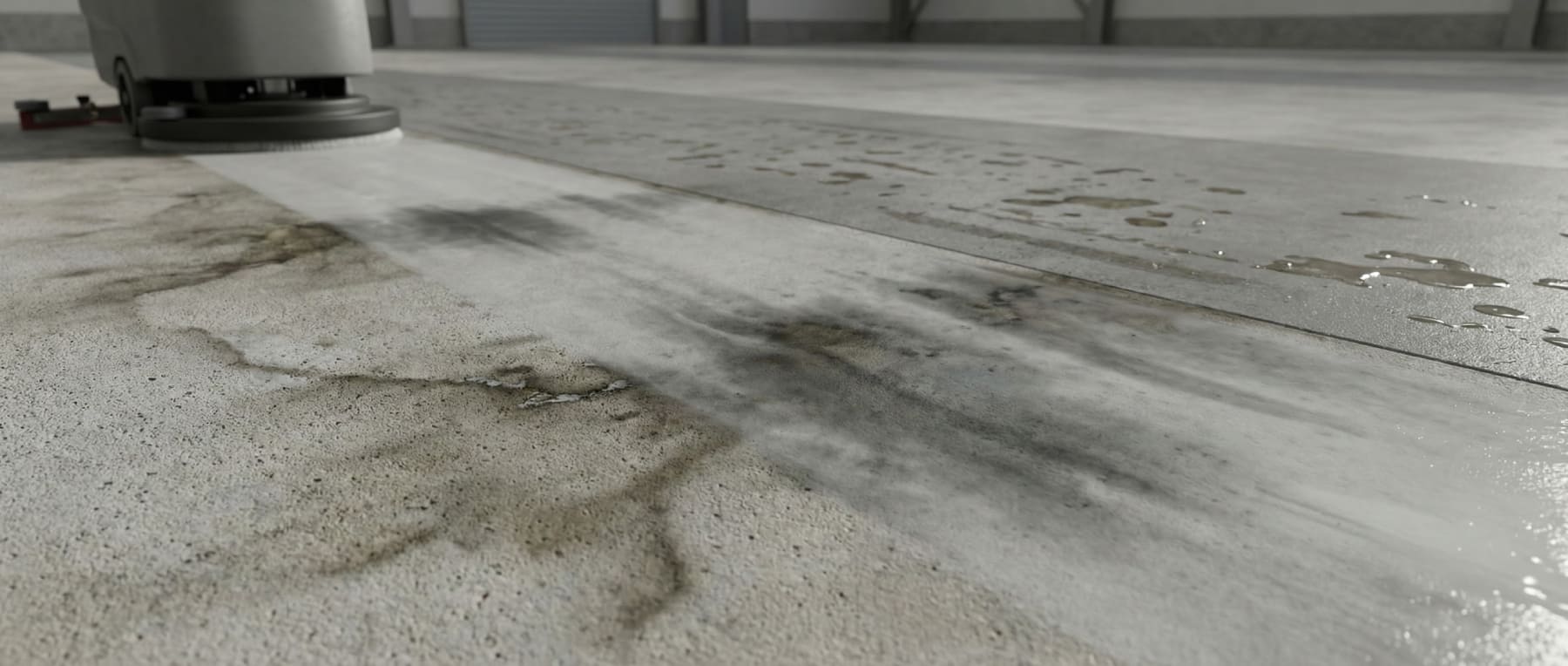 Nahaufnahme einer Scheuersaugmaschine auf einem stark verschmutzten porösen Industrieboden - Visualisierung von tief eingedrungenen Ölflecken und ineffektiver Reinigung aufgrund der Saugwirkung des Betons.