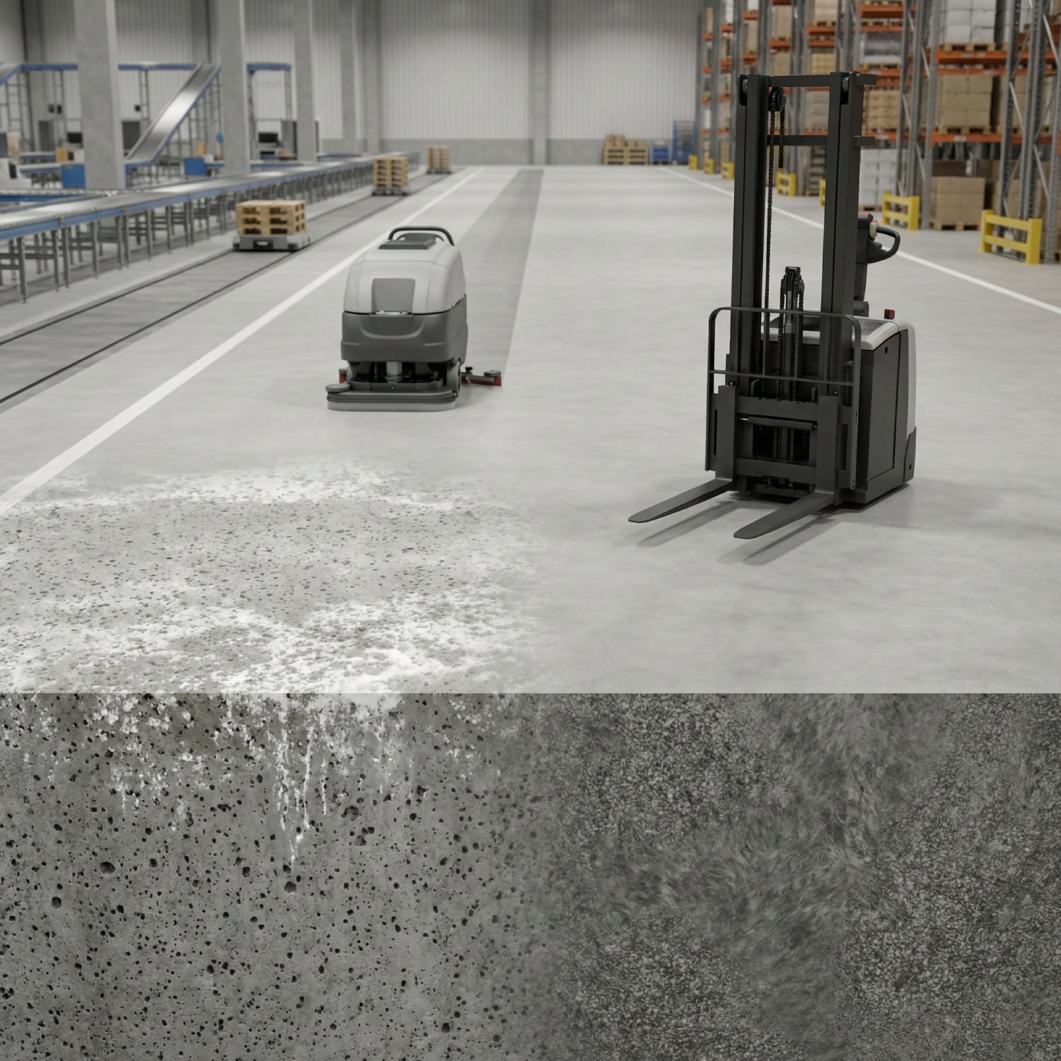 Logistikhalle im laufenden Betrieb mit Reinigungsmaschine und Hubwagen - Split-Ansicht zeigt unten links porösen Beton und rechts die chemisch vergütete Matrix - Visualisierung von Sanierung ohne Ausfallzeit.