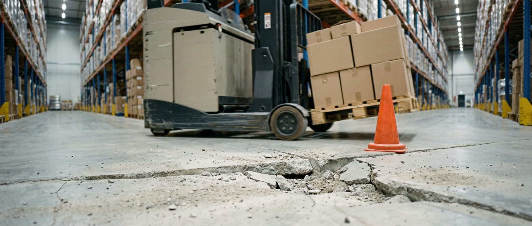 Gabelstapler mit kippender Ladung beim Überfahren eines großen Risses im Hallenboden - Visualisierung von Arbeitssicherheitsrisiken und Kippgefahr für geladene Ware.