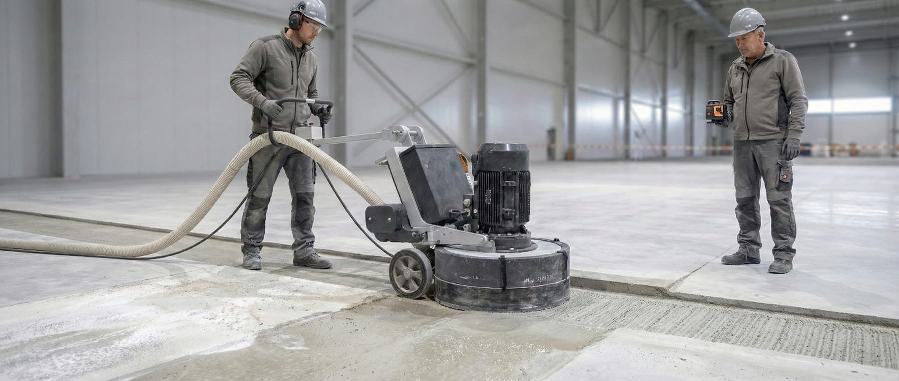 Bauarbeiter fräst Betonboden zur Korrektur von Einbaufehlern während ein Kollege das Höhenniveau mit einem Laser prüft - Visualisierung von Mängelbehebung im Neubau.