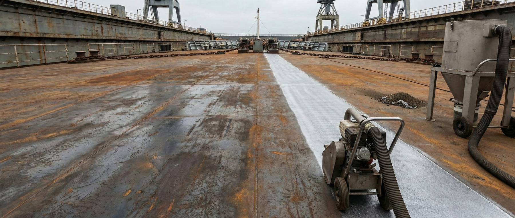 Mobile Kugelstrahlanlage entfernt Rost auf einem Schiffsdeck und hinterlässt einen sauberen silbernen Streifen auf dem rostigen Stahlboden - Visualisierung der Bearbeitung von Stahlflächen und Entrostung.