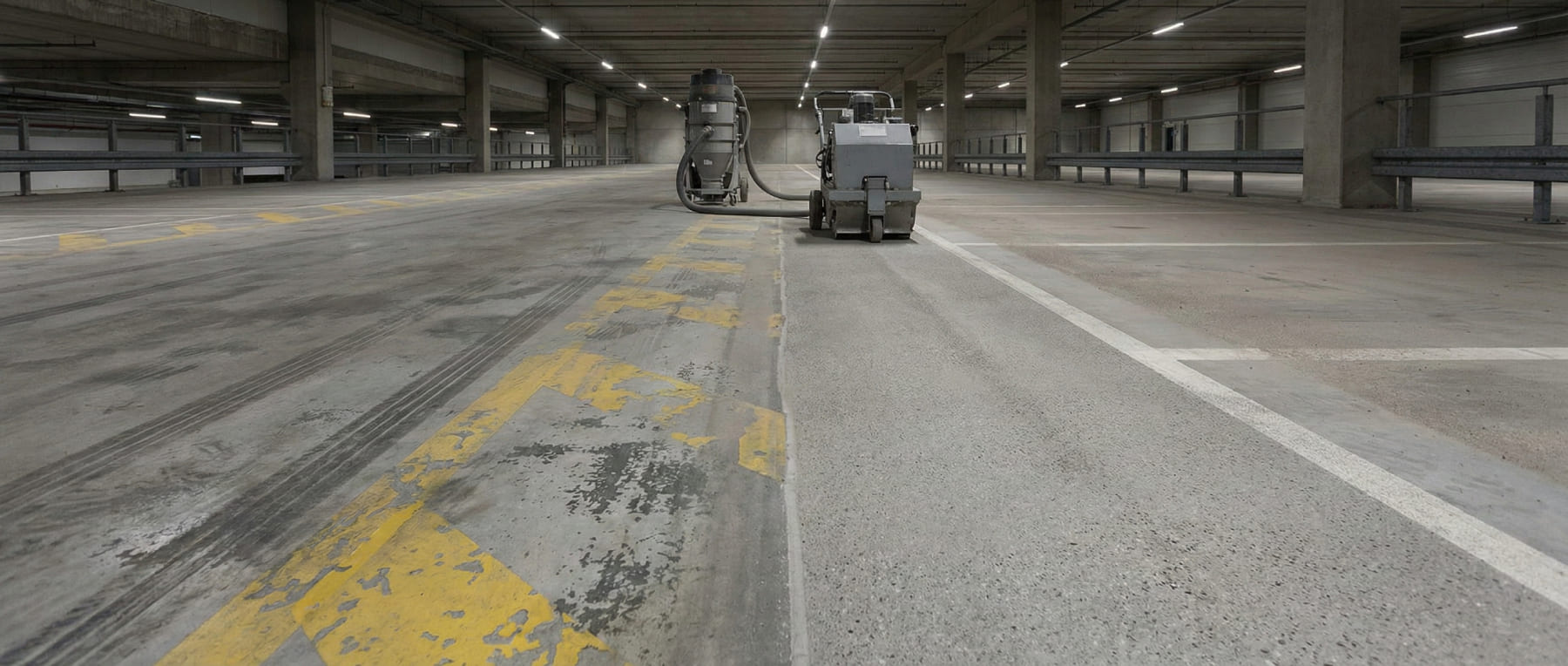 Vergleich in einem Parkhaus: Links alte gelbe Fahrbahnmarkierungen und Reifenspuren auf Beton - rechts sauber kugelgestrahlte Fläche mit Maschine im Hintergrund - Visualisierung der Entfernung von Dünnschicht-Altlasten.