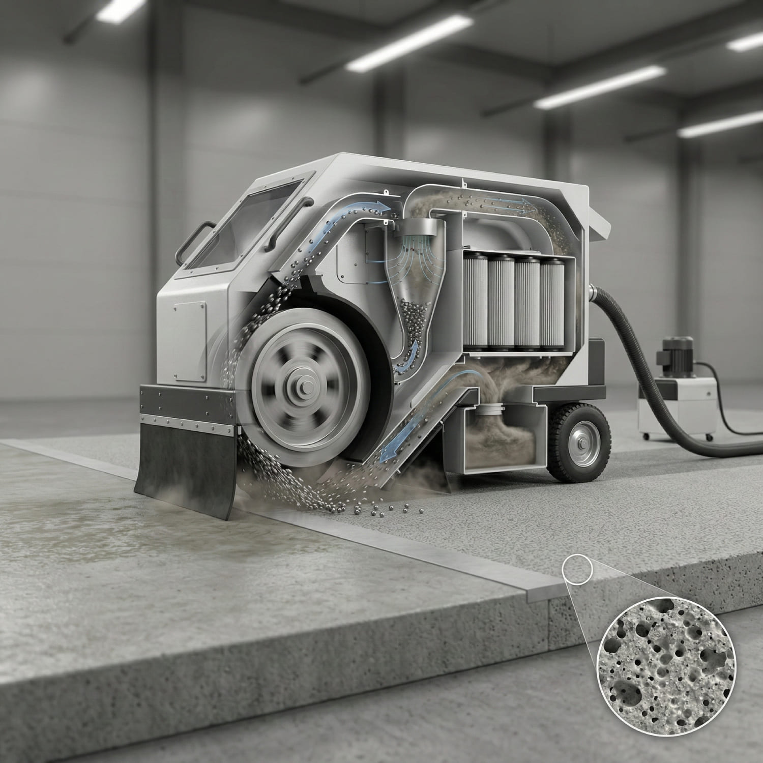 3D-Querschnitt einer mobilen Kugelstrahlanlage im Einsatz - Darstellung des geschlossenen Kreislaufs mit Schleuderrad und Filter sowie Lupenansicht der aufgerauten Betonstruktur.