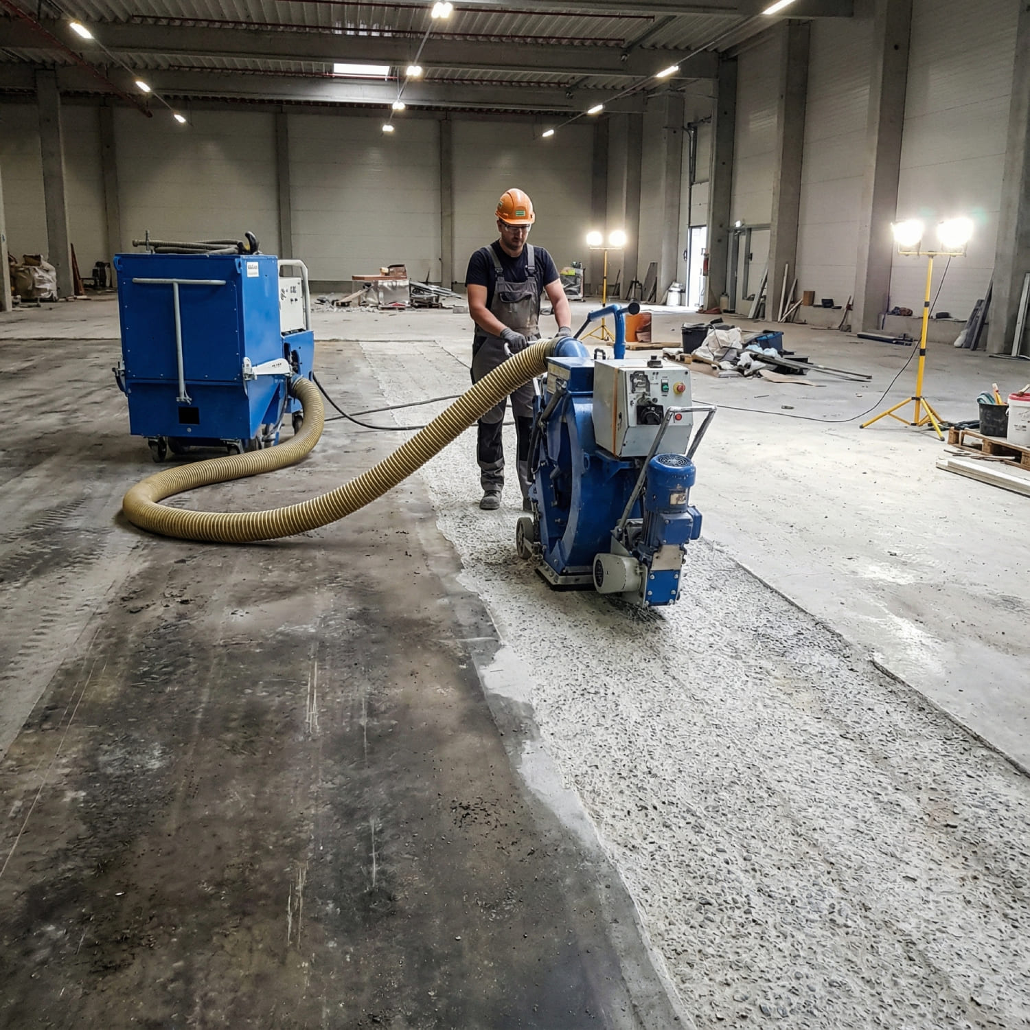 Fachkraft bei der Untergrundvorbereitung mittels Kugelstrahltechnik auf einem Industrieboden zur Entfernung von Zementschlämme und Erzeugung einer griffigen Oberfläche für optimalen Haftverbund.