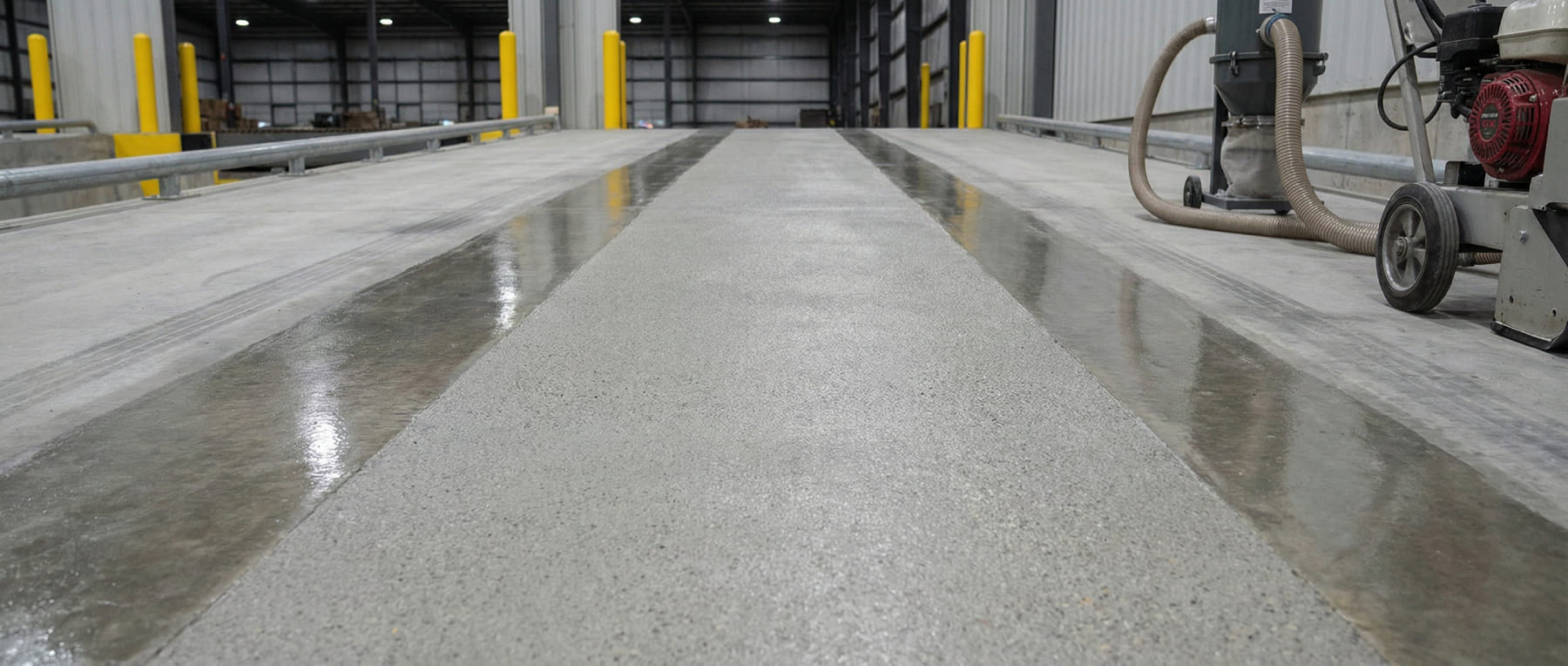 Kugelgestrahlte Fahrspur auf einer Betonrampe in einer Lagerhalle zur Erhöhung der Rutschfestigkeit neben glatten Bereichen und Kugelstrahlmaschine - Visualisierung der Wiederherstellung der Griffigkeit.