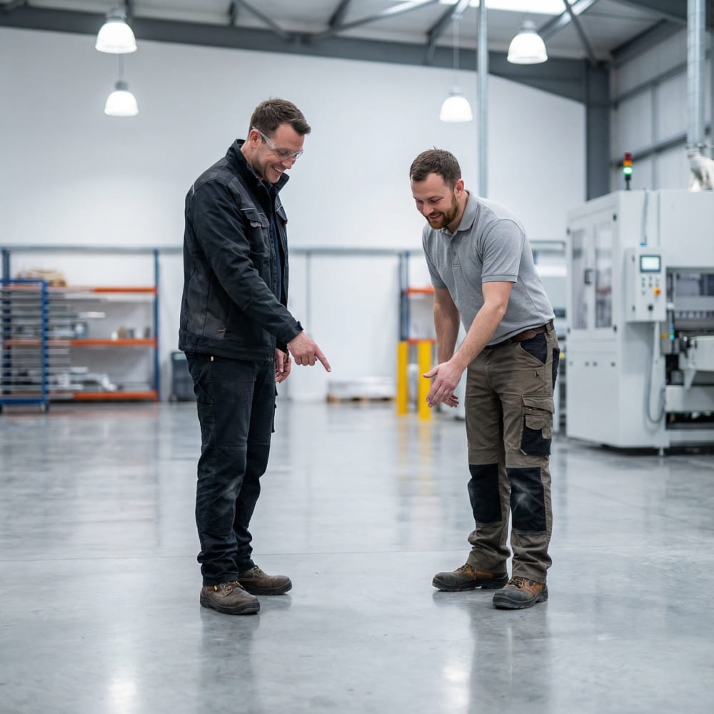 Grindingfloor Projektleiter und Industriekunde bei der gemeinsamen Abnahme und Begutachtung eines sanierten Betonbodens in einer Produktionshalle, symbolisch für technische Exzellenz und Kundenzufriedenheit.