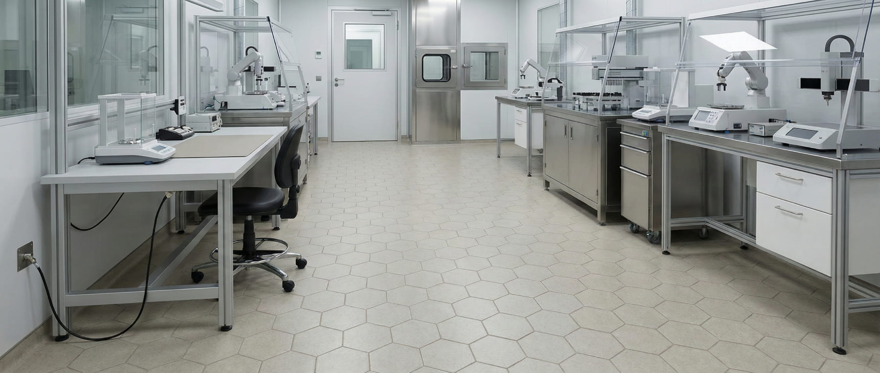 Blick in ein steriles Labor mit weißen Arbeitsbänken und sensibler Messtechnik auf einem ableitfähigen Hexacer-Boden - Visualisierung von ESD-Schutz in der Biotechnologie und F&E.