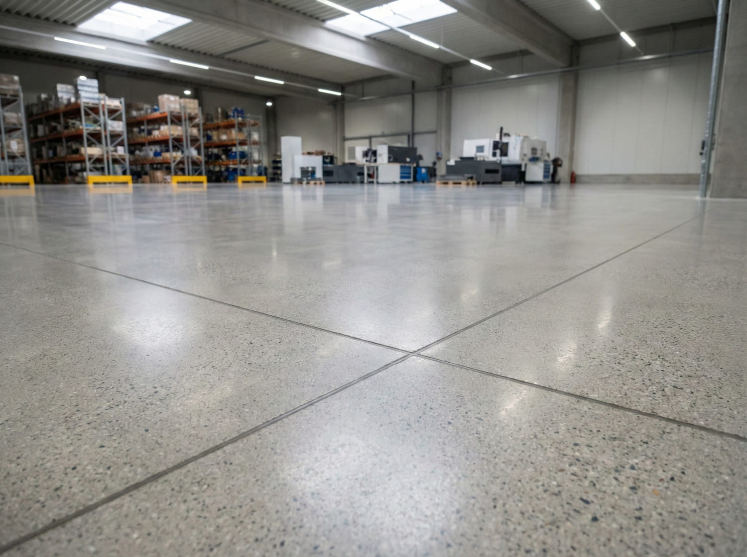 Froschperspektive einer Industriehalle mit perfekt geschliffenem und poliertem Betonboden, der die Deckenbeleuchtung spiegelt - Symbolbild für die technologische Top-Qualität und Werthaltigkeit der Grindingfloor GmbH.
