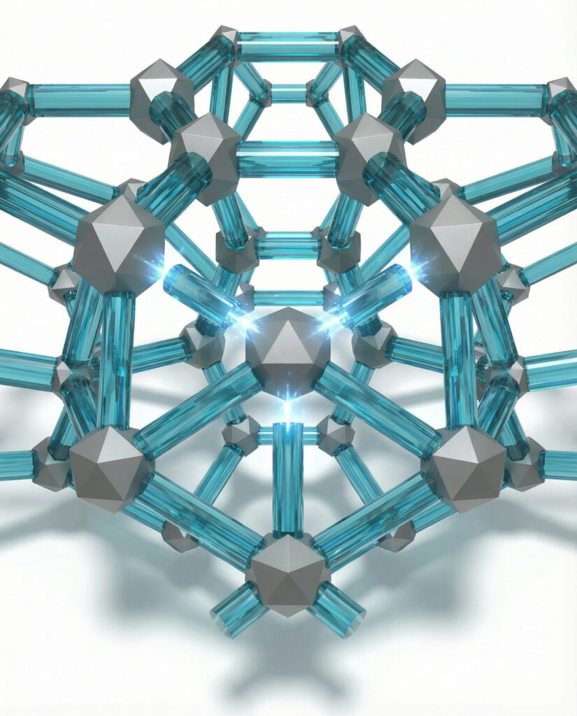 3D-Visualisierung eines kristallinen Molekülgitters aus blauen Verbindungen und grauen Knotenpunkten - Symbol für die chemische Reaktion von Lithium-Silikaten mit freiem Kalk zur molekularen Härtung von Beton.