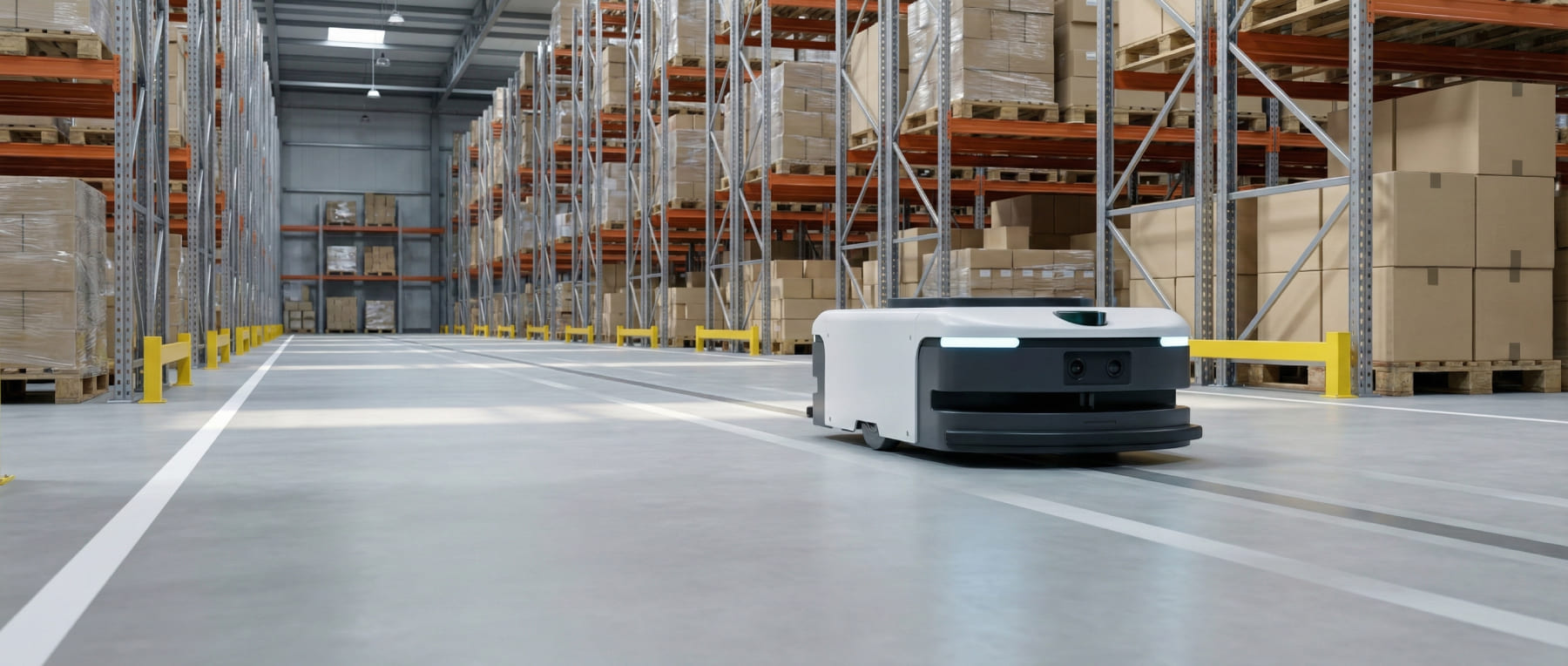 Autonomer Roboter FTS fährt durch den Gang eines Hochregallagers auf staubfreiem Industrieboden - Visualisierung von Prozesssicherheit und Dustproofing für Automatisierungstechnik.