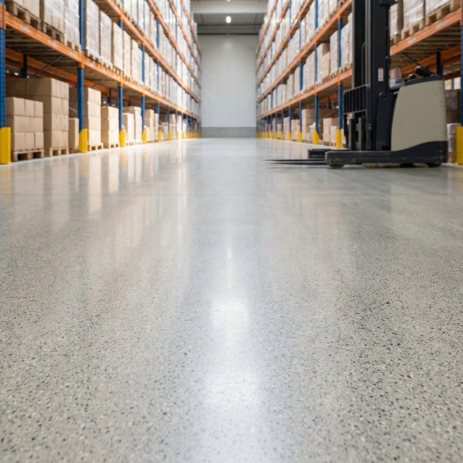 Zentralperspektive eines Ganges im Hochregallager mit poliertem Industrieboden und Gabelstapler - Visualisierung von Ebenheit und Staubfreiheit in der Logistik.