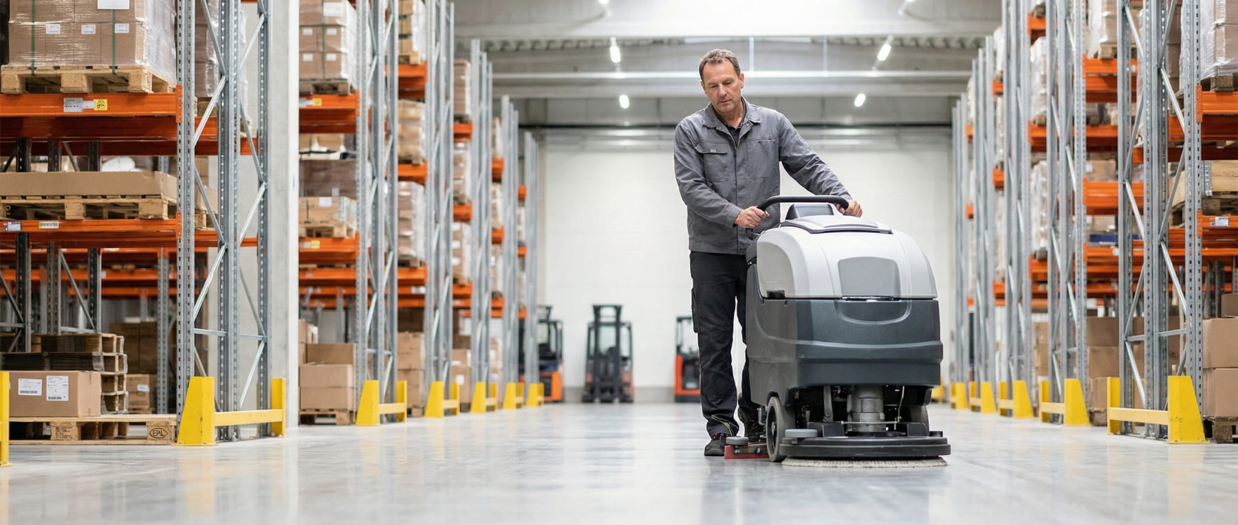 Mitarbeiter reinigt mit Scheuersaugmaschine den glänzenden Boden eines Hochregallagers mit Gabelstaplern im Hintergrund - Visualisierung der Twister-Reinigung in Logistik und Industrie.