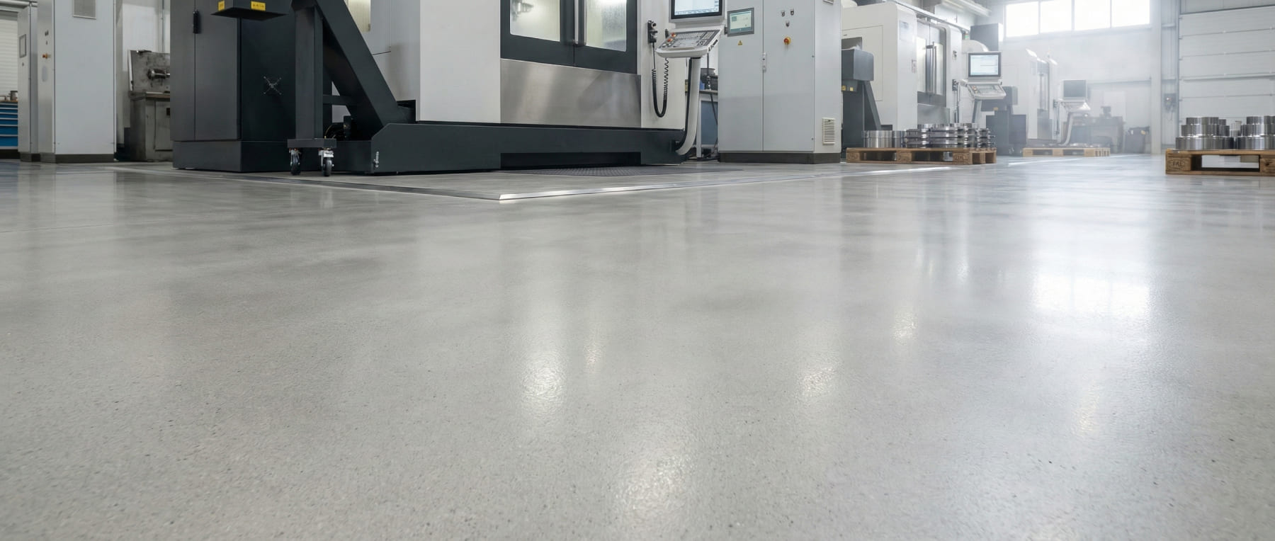 Glänzender und sauberer Industrieboden in einer Fertigungshalle für Metallverarbeitung mit CNC-Maschinen und Paletten - Visualisierung von Schutz gegen Kühlschmierstoffe und Emulsionen.