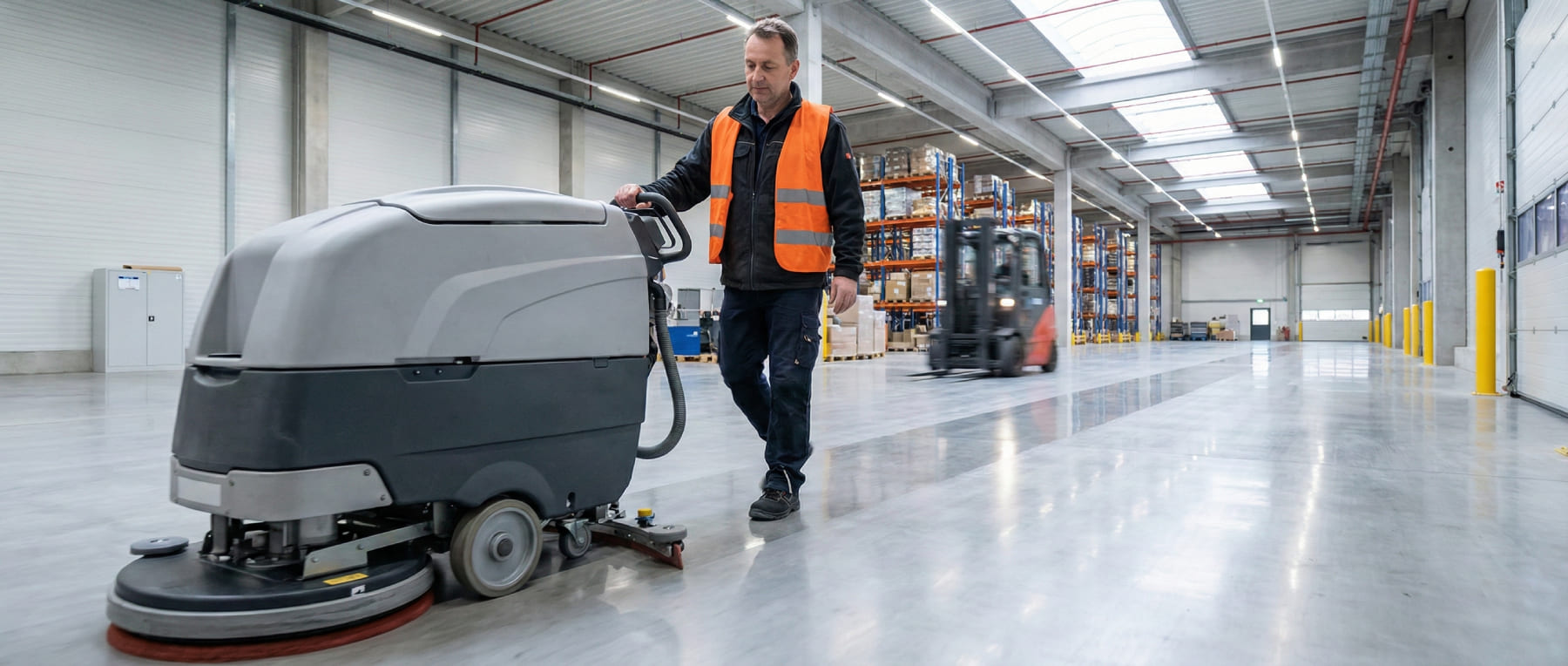 Mitarbeiter mit Scheuersaugmaschine reinigt Industrieboden in einer Logistikhalle mit Gabelstapler im Hintergrund - Visualisierung der maximalen Prozessgeschwindigkeit und Zeitersparnis.