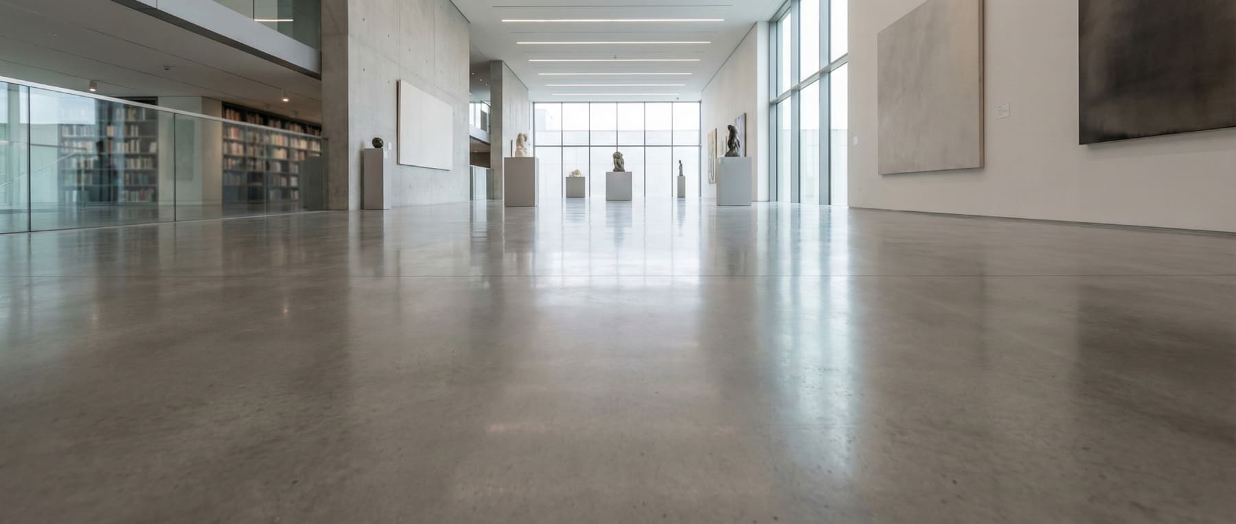 Weitwinkelansicht einer modernen Kunstgalerie mit Skulpturen - der hochglanzpolierte Grindingfloor Sichtestrich reflektiert das Tageslicht und die Deckenbeleuchtung für eine optimale Raumausleuchtung in Kultur- und Bildungsbauten.