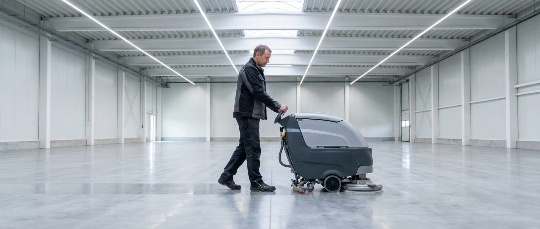 Mitarbeiter mit Scheuersaugmaschine reinigt große helle Industriehalle nur mit Wasser - Visualisierung der verifizierten Nachhaltigkeit und chemiefreien Bodenpflege zum Schutz der Gesundheit.