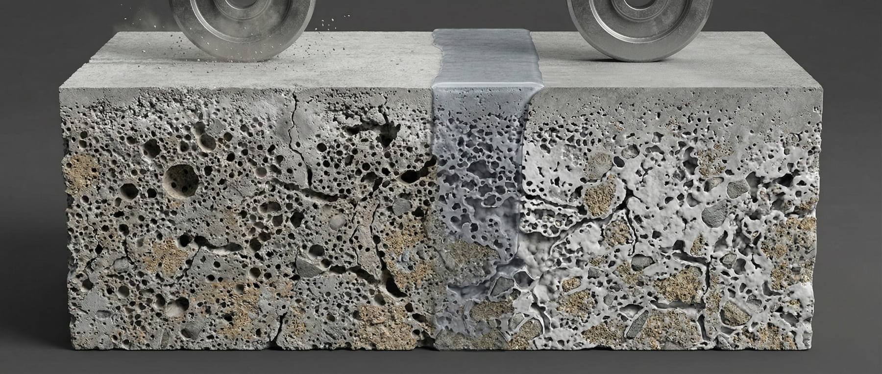 Makroaufnahme eines Betonwürfels im Vergleichstest - Links poröse und staubende Oberfläche - Rechts geglättete Fläche durch Nano-Lithium-Verkieselung mit abperlenden Flüssigkeitstropfen - Visualisierung der chemischen Betonvergütung.