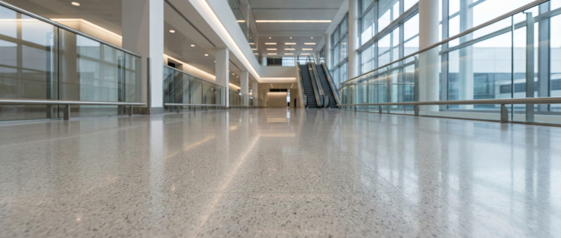 Weitläufige lichtdurchflutete Halle mit hochglänzendem poliertem Boden und Rolltreppen im Hintergrund - Visualisierung für öffentliche Bereiche und Handel wie Flughäfen oder Einkaufszentren.