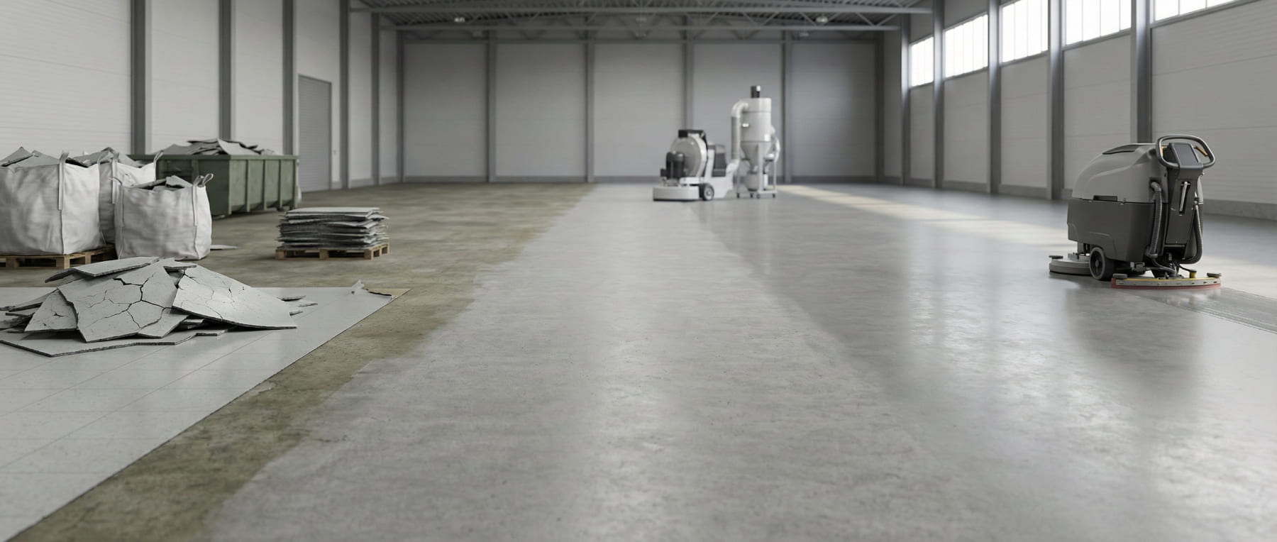 Weitwinkelansicht einer Hallensanierung - Links Entsorgung von Altbelägen in Big Bags - Mitte Schleifprozess der Betonplatte - Rechts fertiger Boden mit Reinigungsmaschine - Visualisierung der Reaktivierung grauer Energie.
