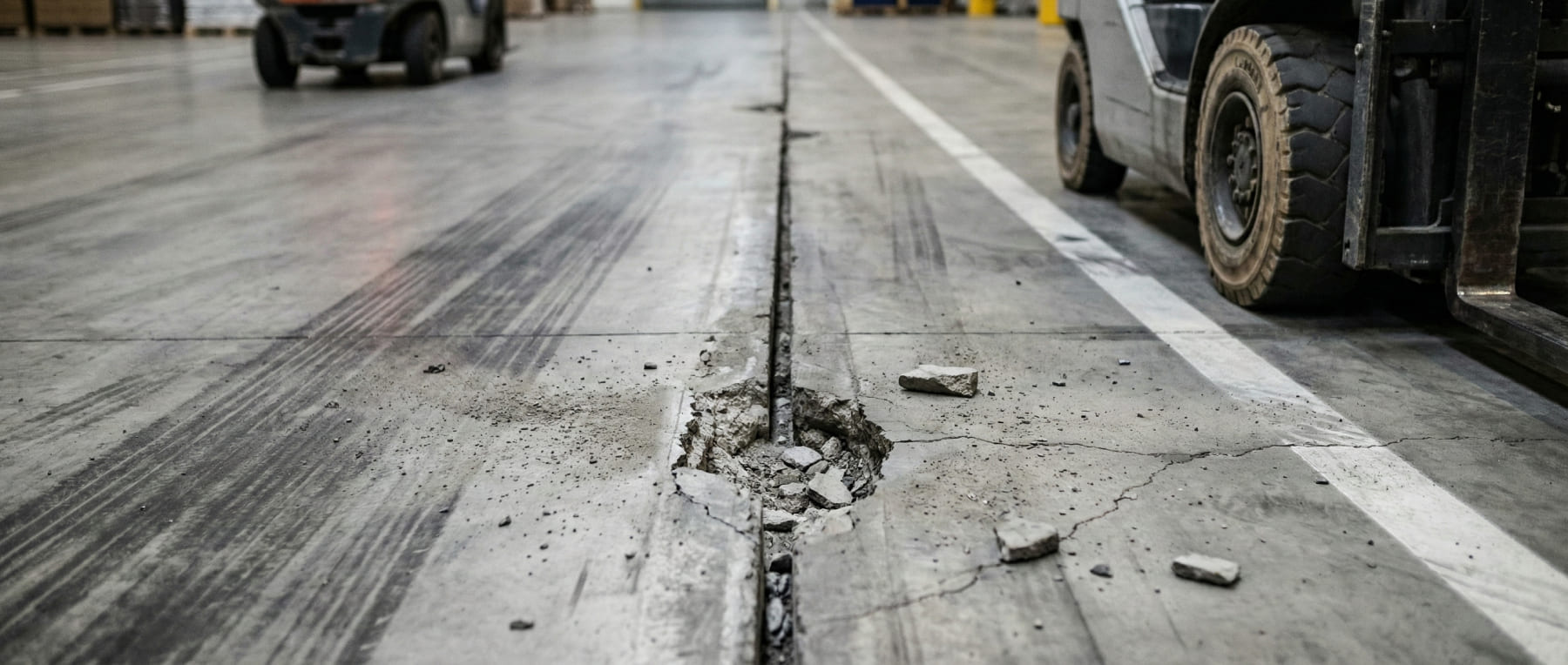 Massiver Ausbruch an einer Dehnungsfuge im Industrieboden neben einem Gabelstaplerreifen - Visualisierung der hohen Instandhaltungskosten und Produktivitätsverluste durch defekte Böden.
