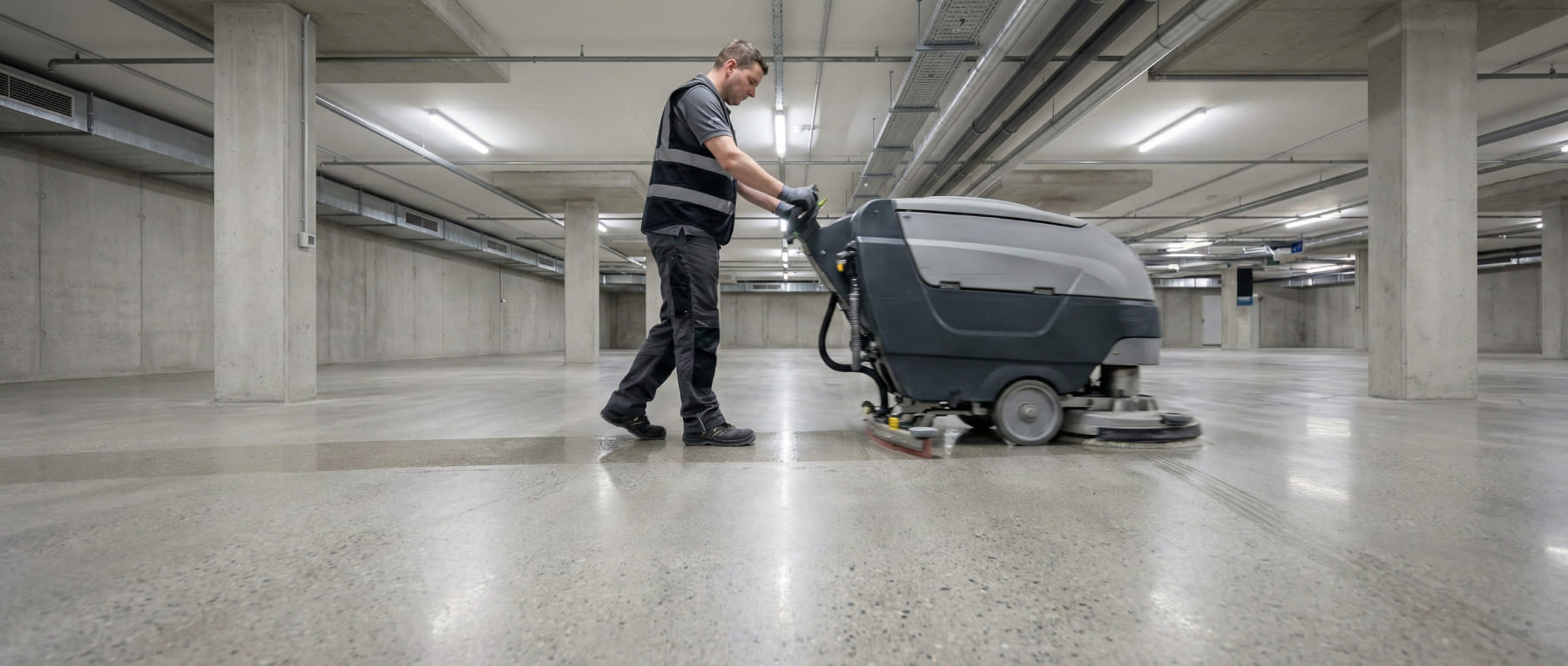 Reinigungskraft bedient eine Scheuersaugmaschine auf einem polierten Betonboden in einer Tiefgarage - Visualisierung der kosteneffizienten und chemiefreien Unterhaltsreinigung mit Diamant-Pads.