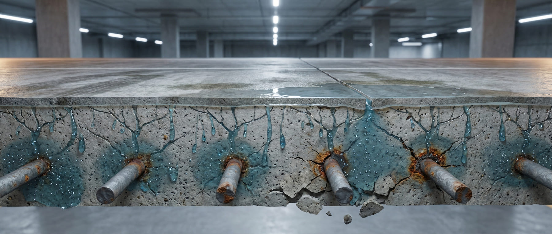 3D-Querschnitt einer Stahlbetondecke zeigt fortgeschrittene Korrosion der Bewehrung und Risse durch eindringendes Salzwasser (blau) unter der Oberfläche - Visualisierung der Chloridmigration in Parkhäusern.