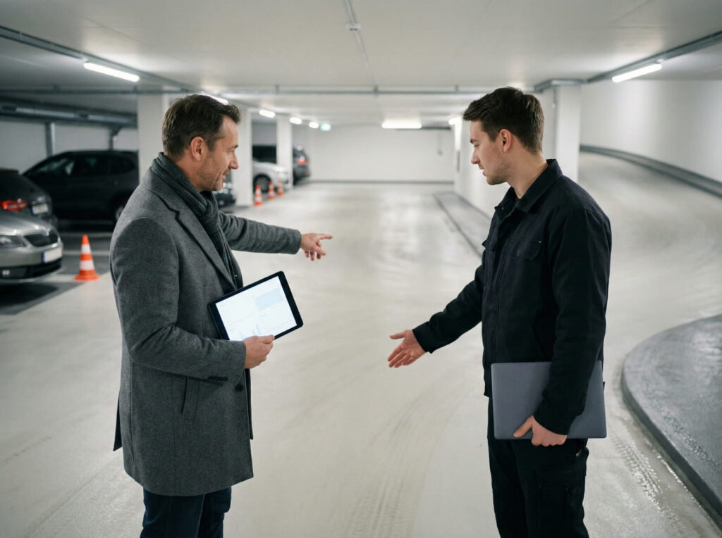 Grindingfloor Projektleiter und Kunde diskutieren mit Tablet in einer Tiefgarage über die Sanierung und technische Details - Visualisierung von technischer Klarheit und Beratung vor Ort.