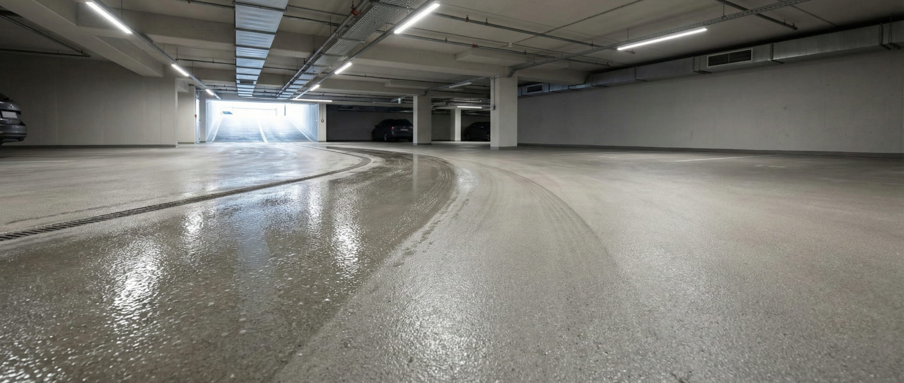 Sanierte Tiefgarage mit glänzendem Betonboden und nasser Fahrspur zeigt die hydrophobe Wirkung gegen Tausalz und Chloride - Visualisierung der monolithischen Veredelung für maximale Lebensdauer.