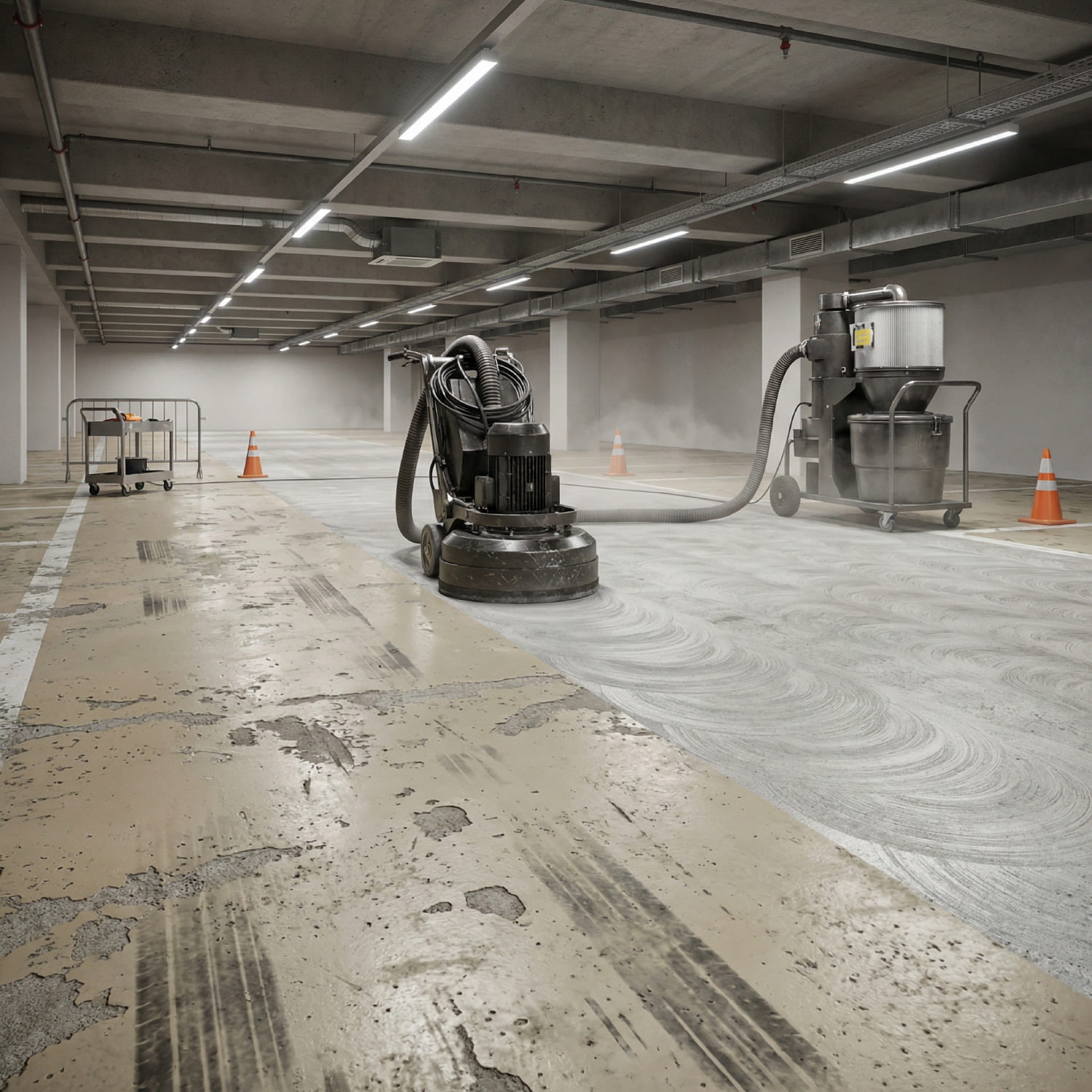 Schwere Planetenschleifmaschine entfernt alte gelbliche Bodenbeschichtung in einer Tiefgarage und legt den grauen Beton frei - Visualisierung der mechanischen Restrukturierung Phase 1.