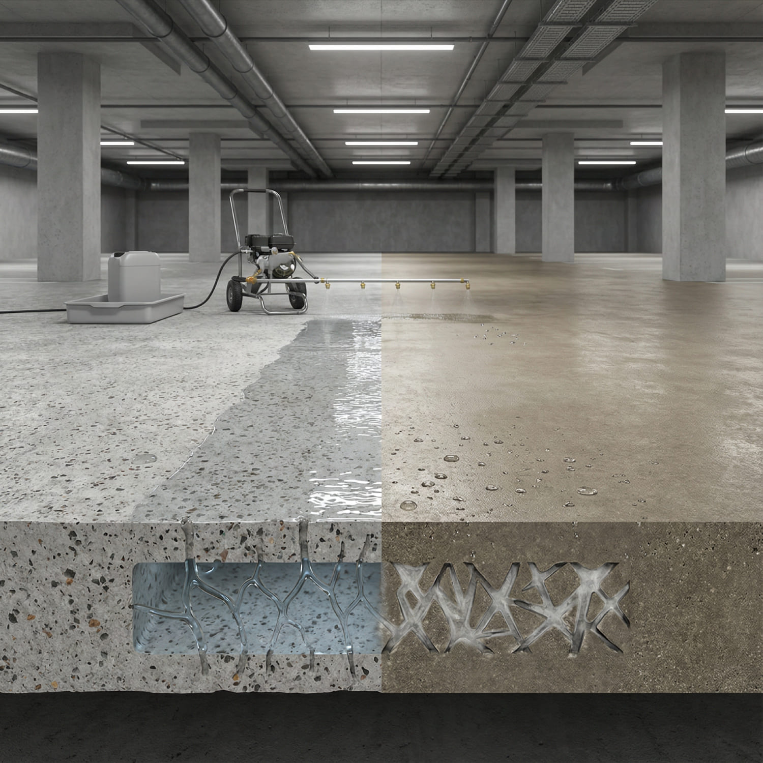 Querschnittsvergleich der Betonbehandlung: Links Sprühapplikation von Nano-Lithium-Silikat mit Tiefenwirkung - rechts die verdichtete hydrophobe Oberfläche mit abperlenden Wassertropfen.