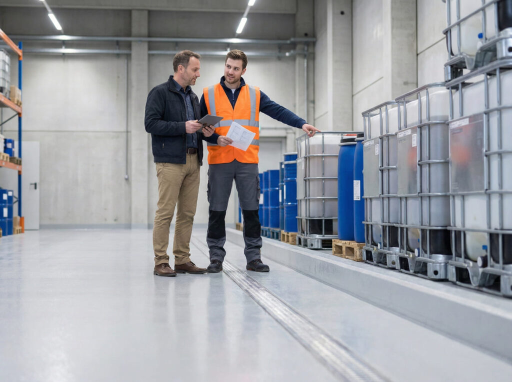 Zwei Experten bei einer Begehung in einem Gefahrstofflager mit IBC-Containern und Fässern besprechen Pläne für WHG-konforme Böden - Visualisierung der persönlichen Fachberatung.