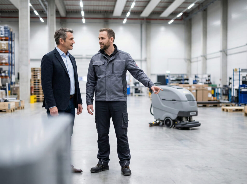 Anwendungstechniker und Kunde besprechen die Implementierung der Twister-Reinigung in einer Lagerhalle mit Scheuersaugmaschine im Hintergrund - Visualisierung des persönlichen Supports.