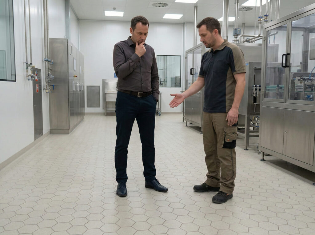 Anwendungstechniker und Kunde im Gespräch auf einem hexagonalen Industrieboden in einer sterilen Produktionshalle - Visualisierung der projektbezogenen Validierung und Beratung zu Pharma- und Reinraumböden.