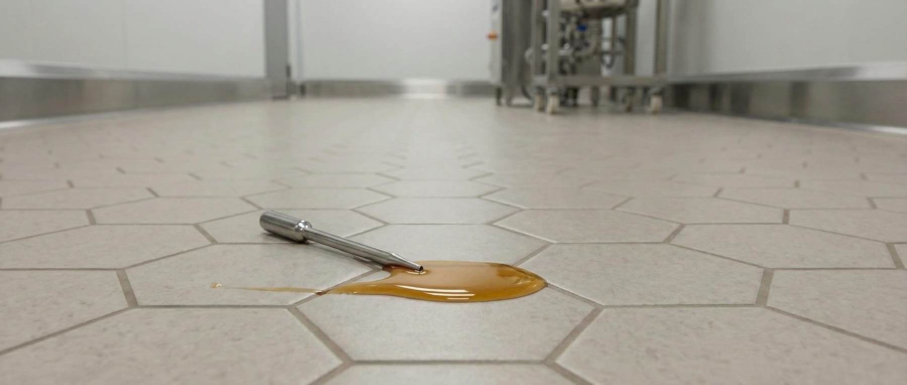 Ausgelaufene chemische Flüssigkeit mit Pipette auf Hexacer-Boden - Visualisierung von Gewässerschutz nach WHG und flüssigkeitsdichter Oberfläche in der Pharmaindustrie.