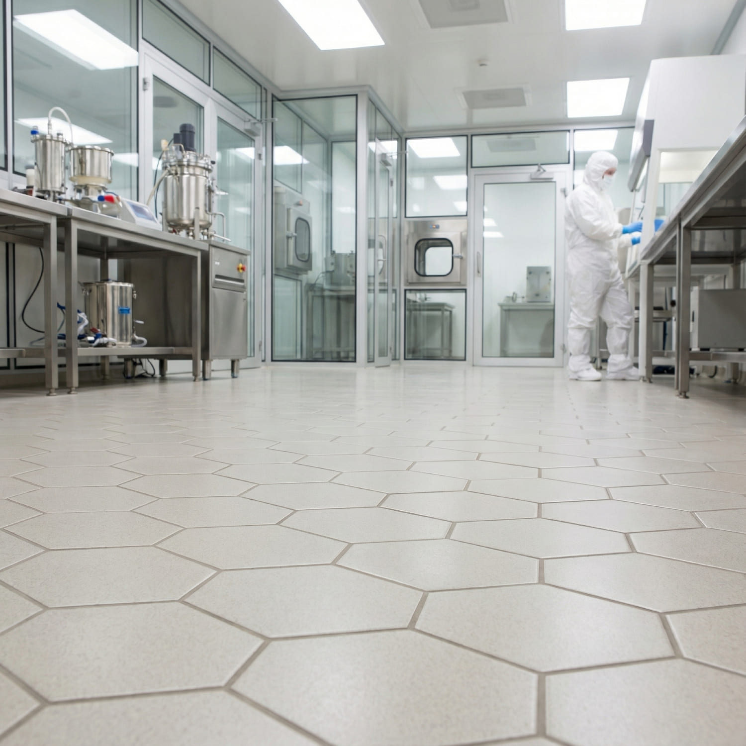 Reinraum der Pharmaindustrie mit Grindingfloor PharmaFloor System: Ein plangeschliffener Boden aus sechseckigen Hexacer-Fliesen, der eine fugenlose, hygienische und ableitfähige Oberfläche bildet.
