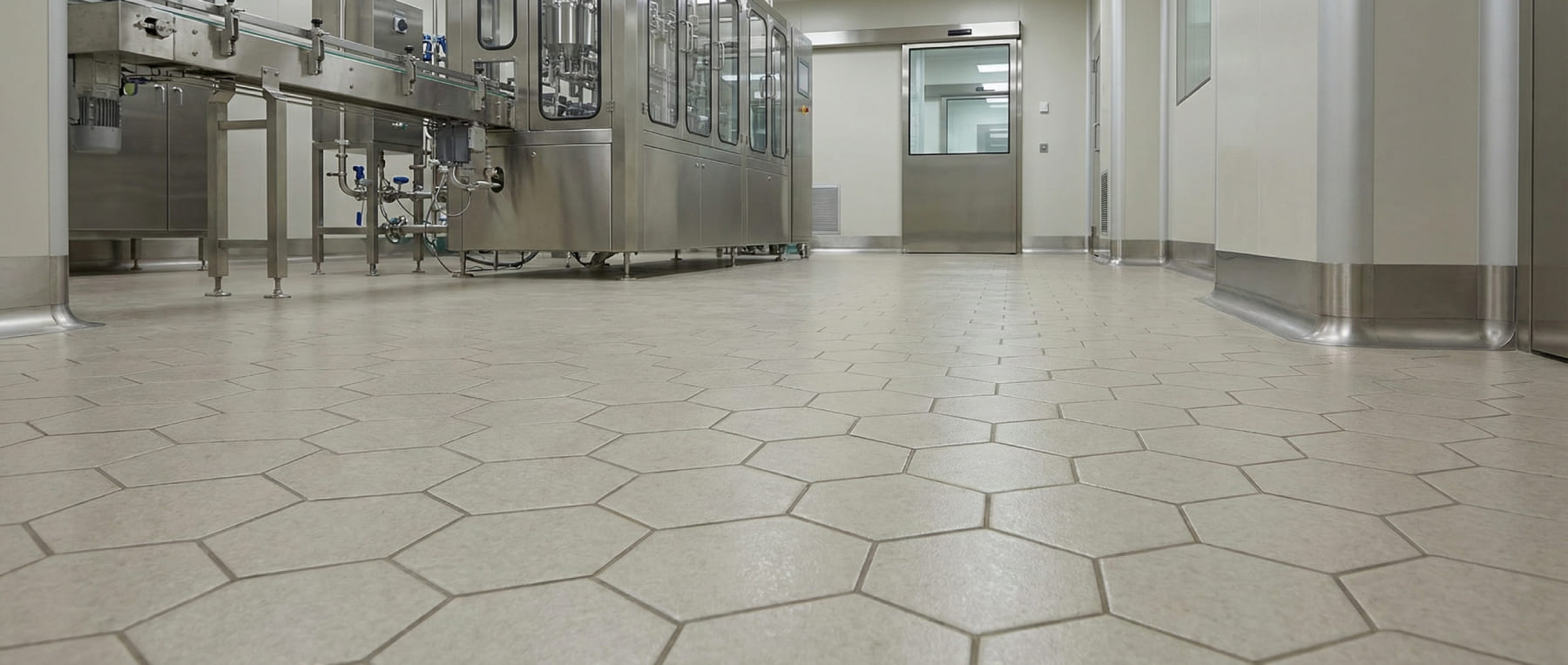 Sterile pharmazeutische Produktionshalle mit Edelstahl-Abfüllanlage und fugenlosem Boden aus Hexacer-Fliesen - Visualisierung von GMP-regulierten Bereichen der Klassen A bis D.