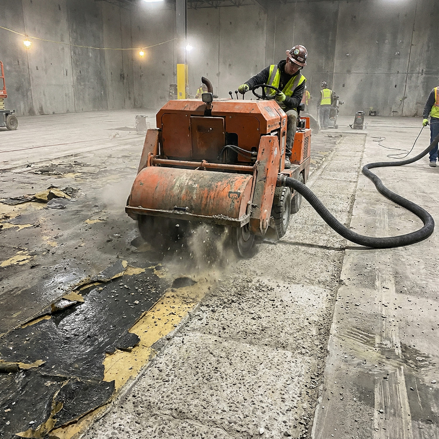 Schwere Bodenfräsmaschine im Einsatz auf einer Industriefläche zum vollflächigen Abtrag alter Bodenbeschichtungen und zur Nivellierung des Betonuntergrunds für die nachfolgende Sanierung.