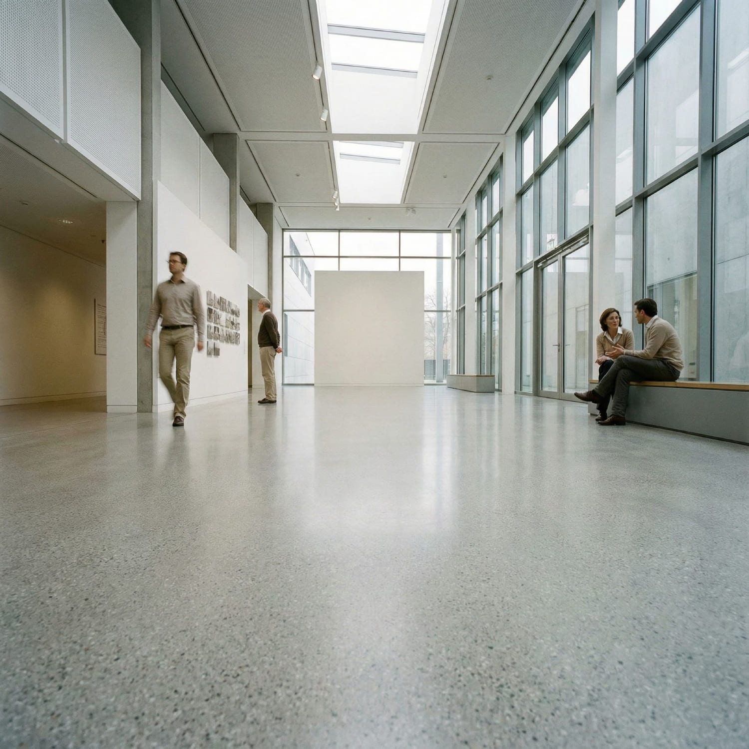 Lichtdurchflutetes Foyer eines Museums mit Besuchern auf einem hochglanzpolierten Grindingfloor Sichtestrichboden in Terrazzo-Optik - Demonstration von modernem Design und Abriebfestigkeit in öffentlichen Gebäuden.