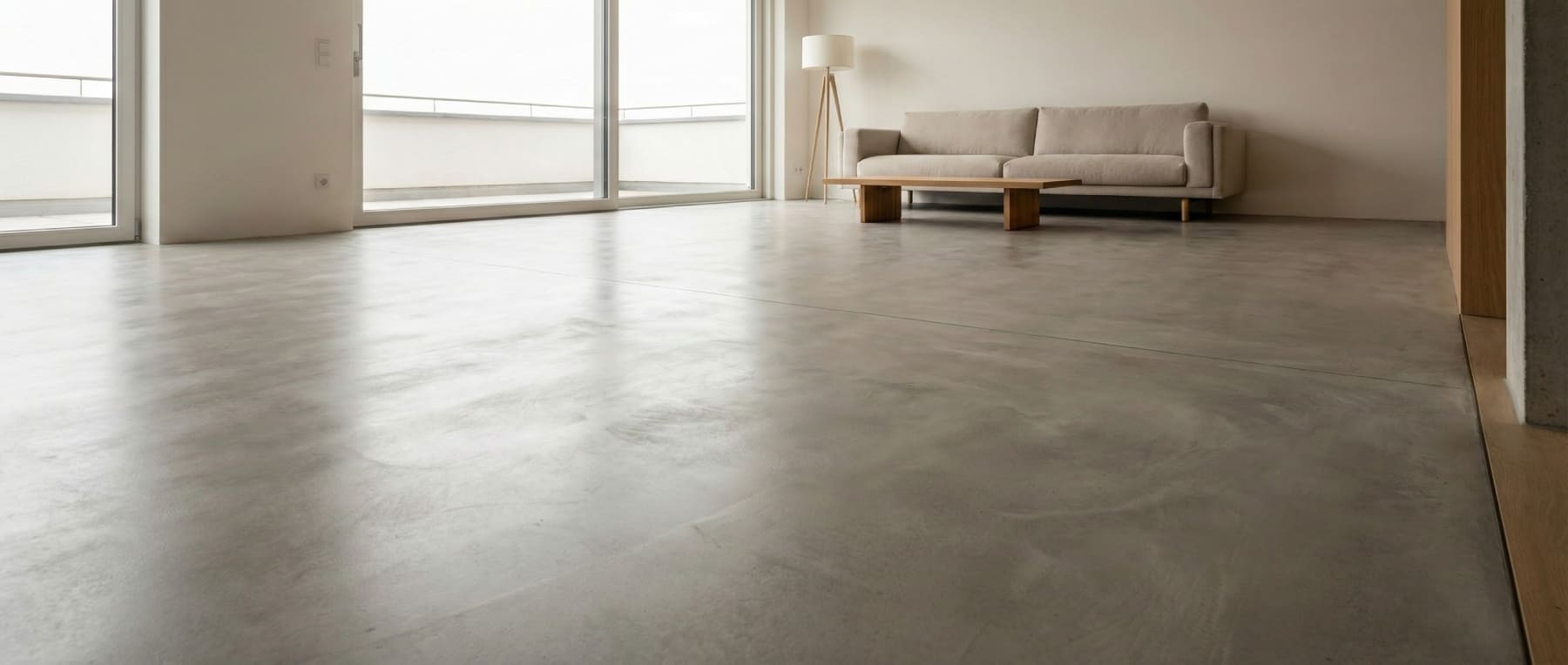 Froschperspektive eines minimalistischen Wohnzimmers mit grauem Sichtestrich Boden - im Hintergrund Sofa und Holztisch - Visualisierung von Energieeffizienz und Design für private Bauherren.