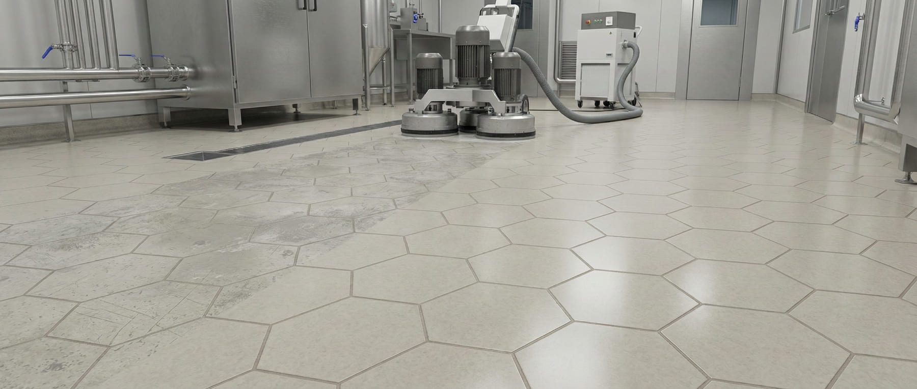 Bodenschleifmaschine beim Re-Grinding Prozess auf hexagonalen Fliesen - Visualisierung des Oberflächen-Reset von matt und verkratzt zu neuwertig poliert für Reinräume.