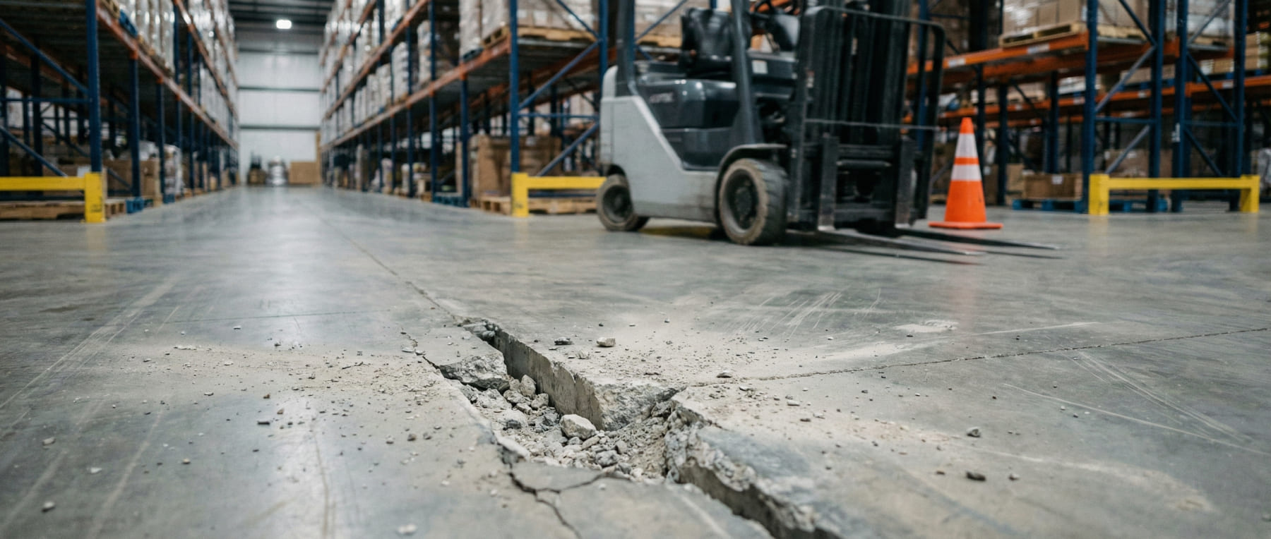 Großes Schlagloch und Risse in einem Betonboden einer Lagerhalle mit Gabelstapler im Hintergrund - Visualisierung von reduzierter Umschlaggeschwindigkeit und Kostentreibern in der Logistik.