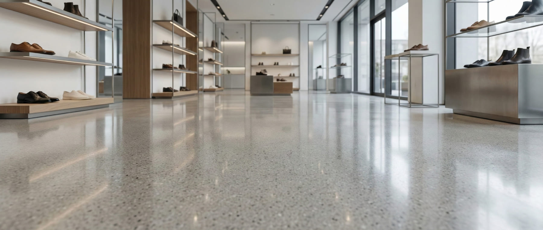 Froschperspektive eines modernen Schuhgeschäfts mit hochglanzpoliertem Grindingfloor Betonboden in Terrazzo-Optik - Regale mit Schuhen und helle Ausleuchtung durch Lichtreflexion als Beispiel für Retail und Showrooms.