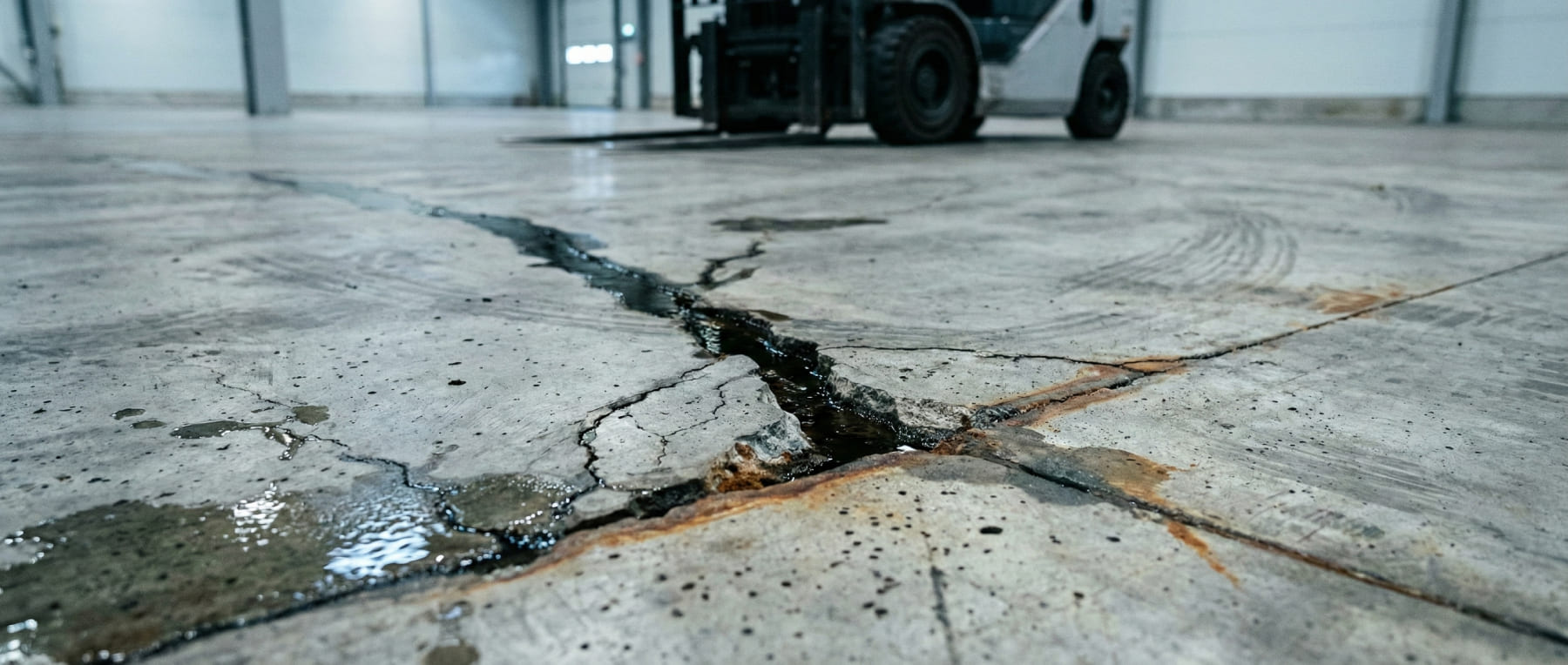 Großer Riss im Industrieboden gefüllt mit dunkler Flüssigkeit vor unscharfem Gabelstapler - Visualisierung von eindringenden Schadstoffen wie Öl und Chemikalien in den Untergrund.