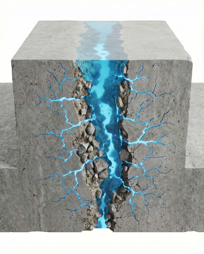 3D-Querschnitt einer Betonbodenplatte mit tiefem Riss - Blaue Reaktionsflüssigkeit penetriert die Rissflanken und mikroskopischen Verästelungen zur kraftschlüssigen Wiederherstellung der Tragfähigkeit durch Grindingfloor.