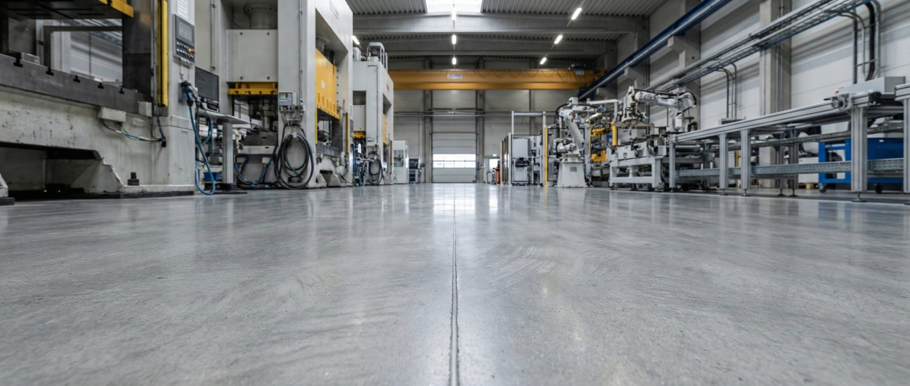 Glänzender sanierter Industrieboden in einer Fertigungshalle der Automobilindustrie mit schweren Maschinen und Robotern - Visualisierung von WHG-konformen Böden für die Schwerindustrie.