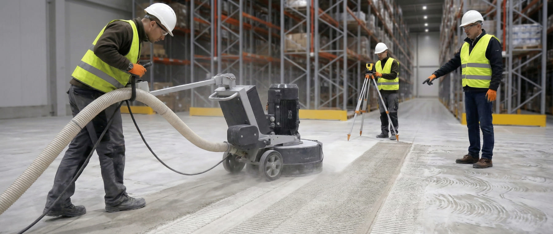 Arbeiter mit Bodenfräse beim Abtrag einer kontaminierten Betonschicht in einer Lagerhalle - im Hintergrund Vermessungstechniker mit Theodolit zur Nivellement-Prüfung - Visualisierung der Sanierung von Produktionshallen.