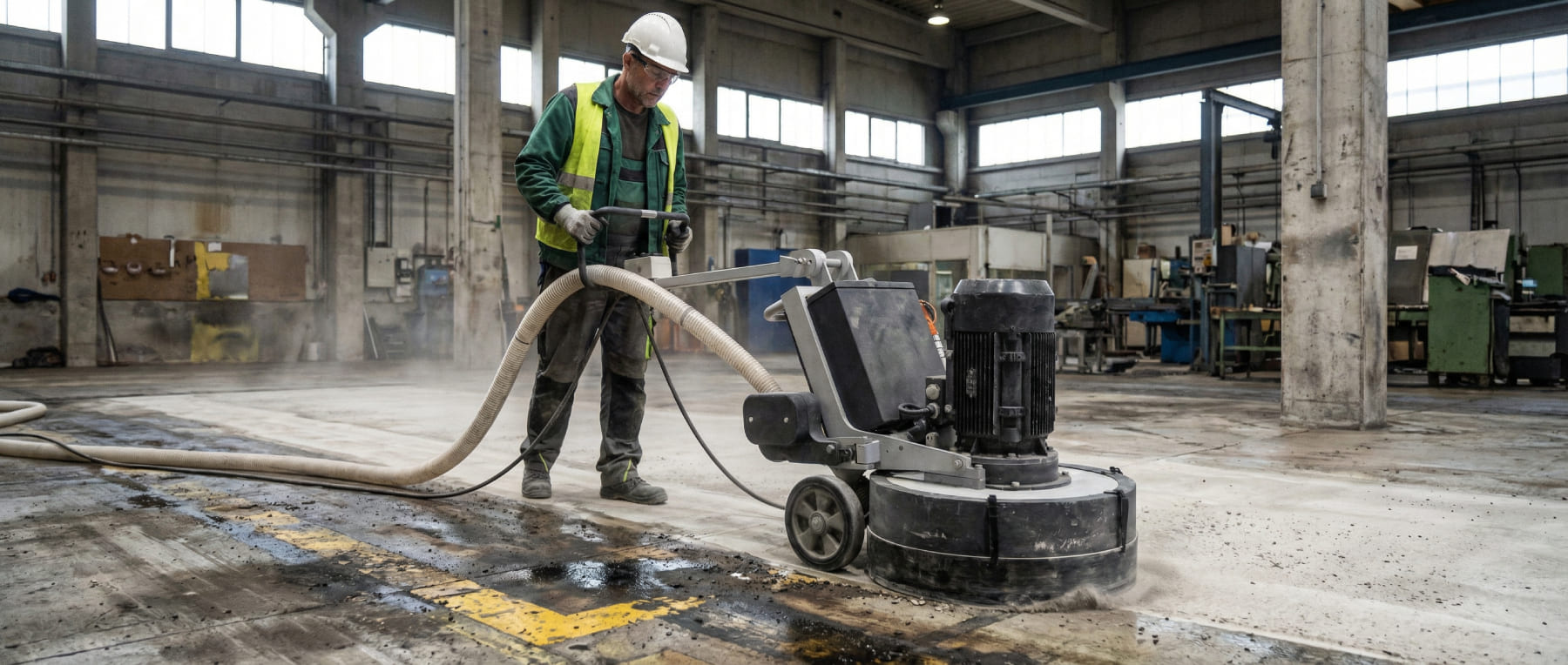 Arbeiter bedient Bodenfräse zur Entfernung von alten gelben Markierungen und ölverschmutzten Schichten in einer großen Industriehalle - Visualisierung der Sanierung von Produktionshallen.