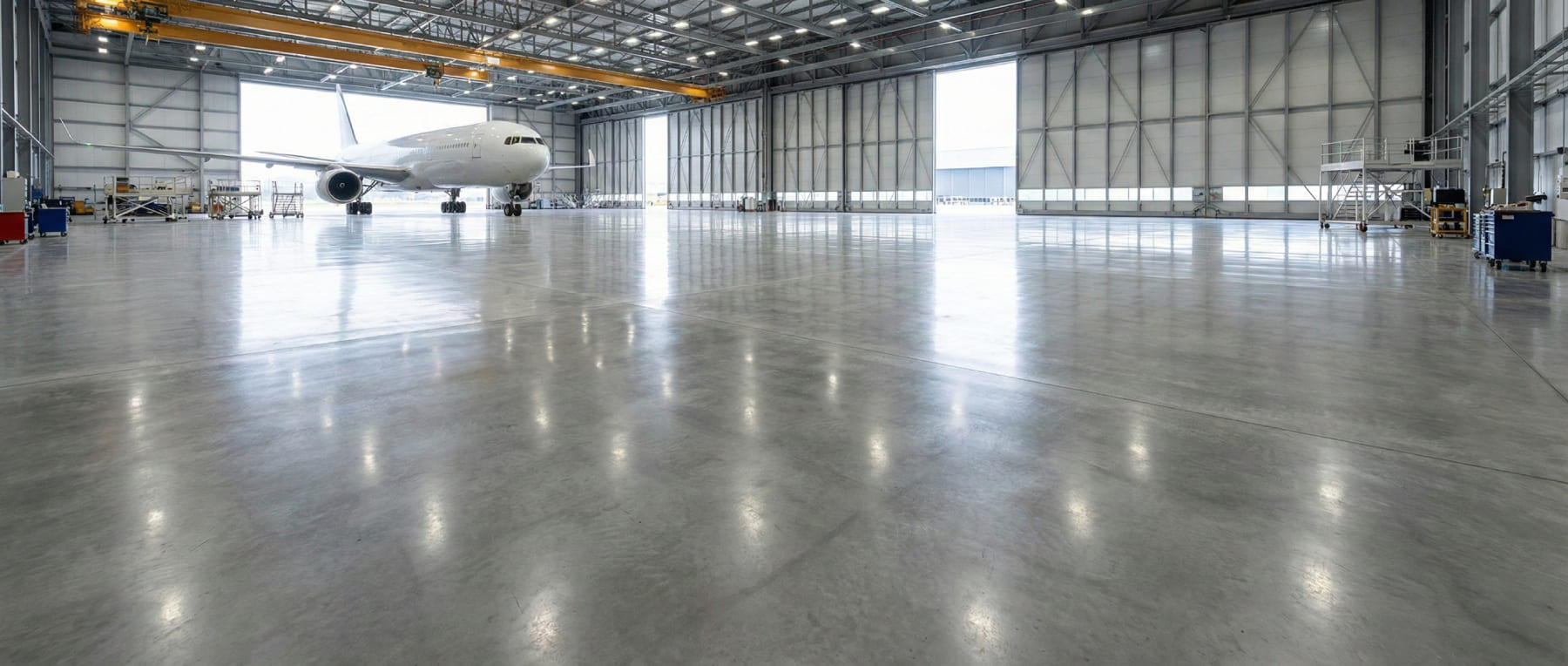 Großer Flugzeughangar mit hochglanzpoliertem Betonboden und einem Passagierflugzeug im Hintergrund - Visualisierung von staubfreien und mechanisch belastbaren Böden für Logistik und Flughäfen.