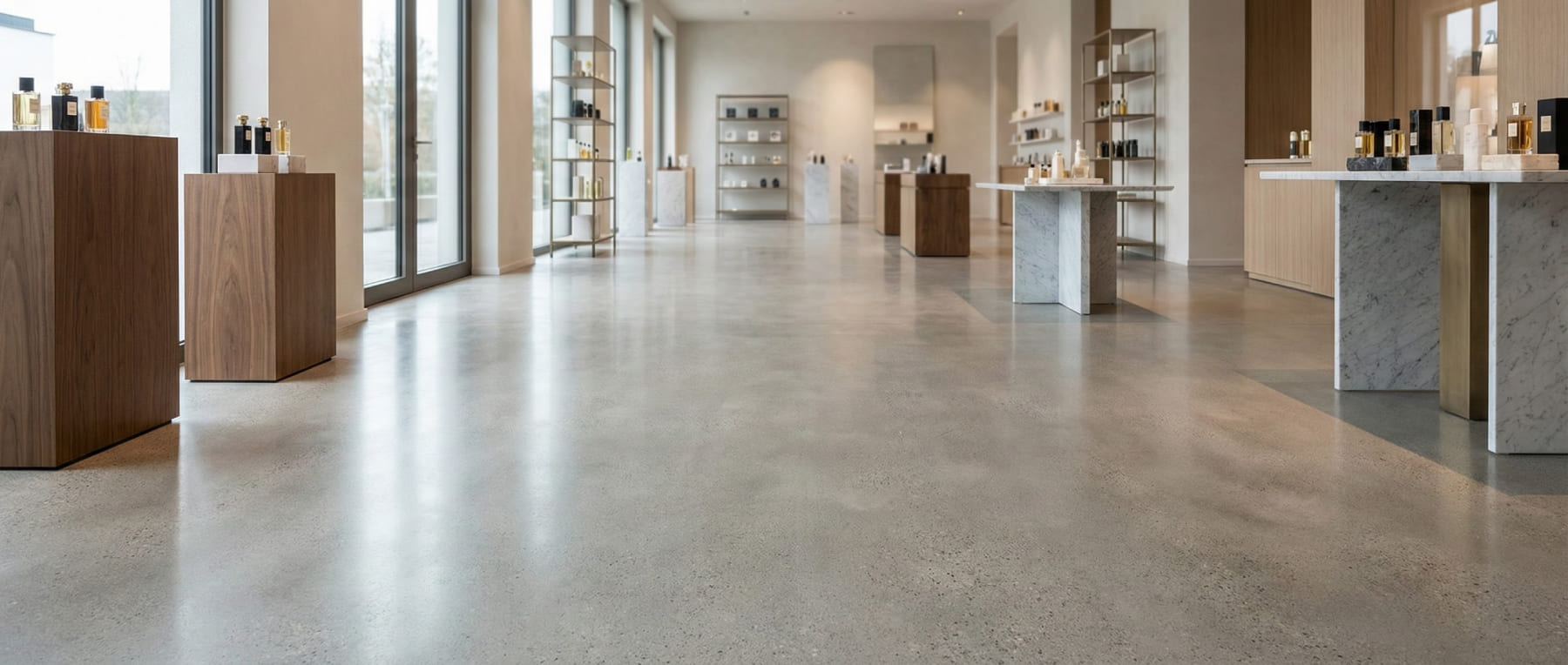 Weitwinkelaufnahme eines luxuriösen Showrooms für Kosmetik mit geschliffenem Grindingfloor Sichtestrich - der als edle Bühne für die Produkte auf Holzsockeln dient und hohe Nutzungsfrequenz aushält.